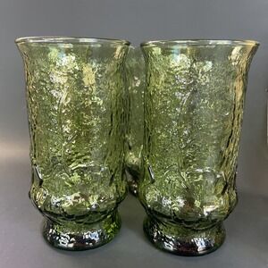 Vtg Set of 4 Anchor Hocking Rainflower Avocado Green Tumbler Glasses 5.5" ~12 oz